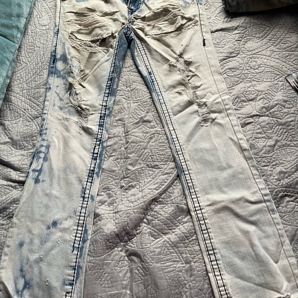 True Religion Blue and White Flare Jeans with Distressing
